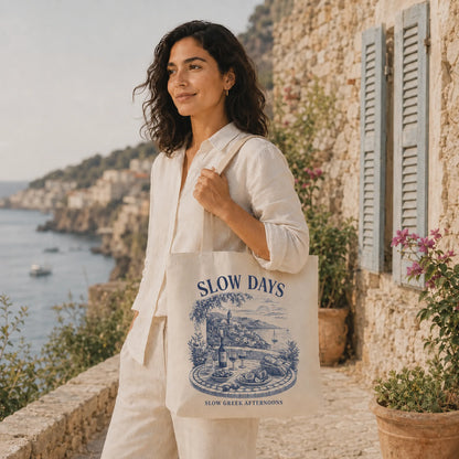 Woman holding a tote bag with 'SLOW DAYS' design by a stone building with ocean view