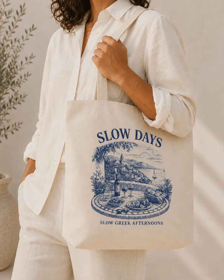 Slow Days Mediterranean Tote Bag, ToldPrint Mediterranean graphic tote bag