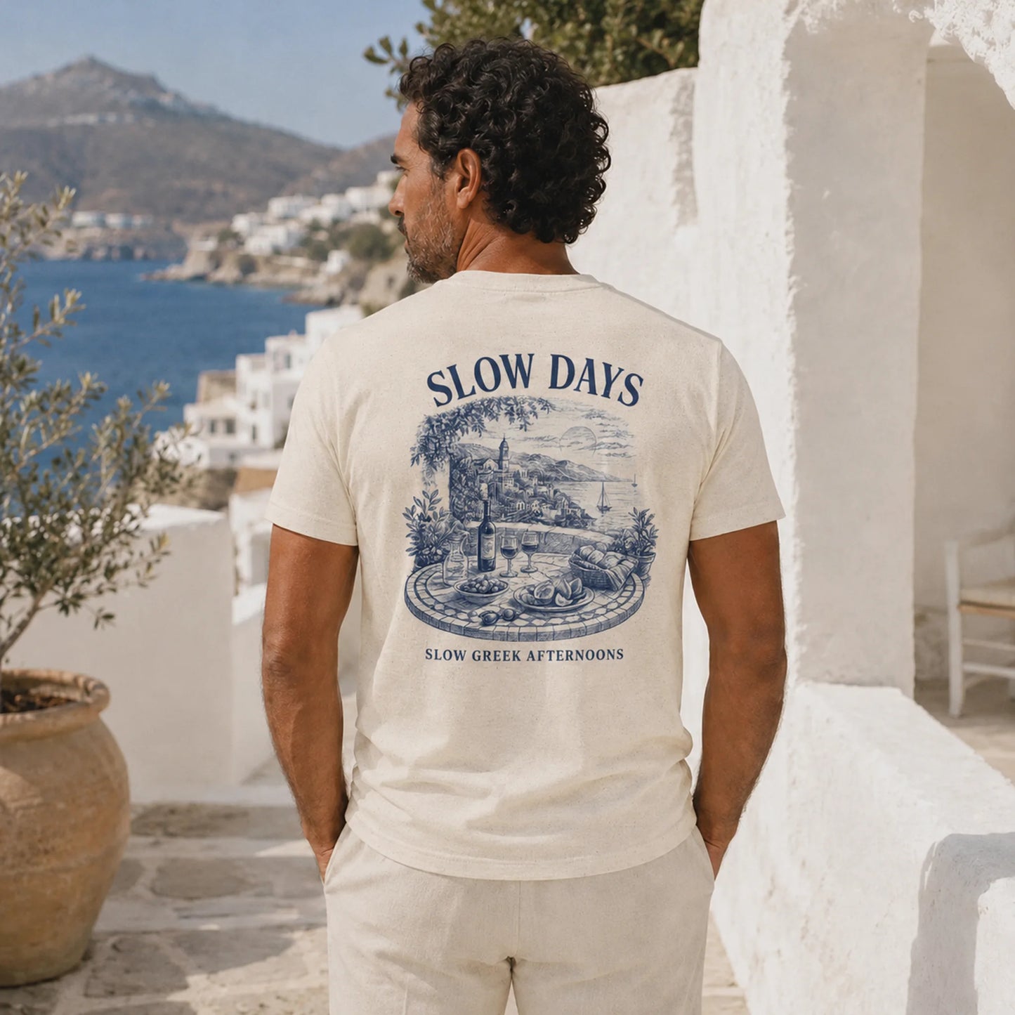 Man wearing a t-shirt with 'Slow Days' design in a scenic location.