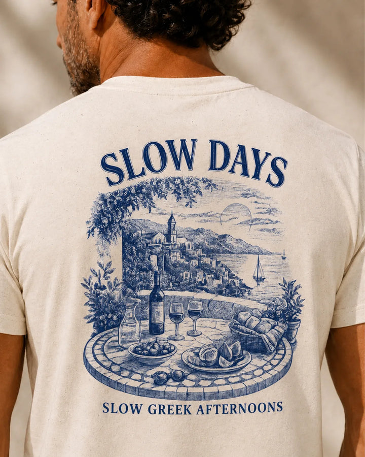 Slow Days Mediterranean Graphic T-Shirt, ToldPrint Mediterranean graphic t-shirt