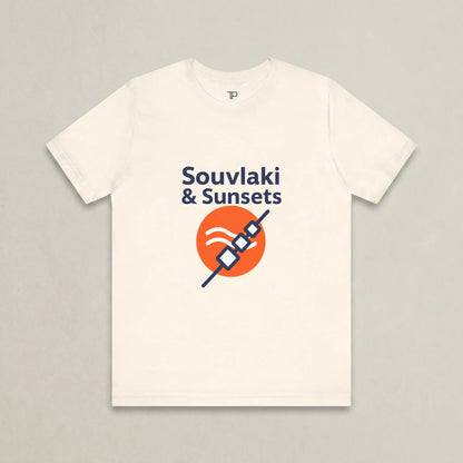 White t-shirt with 'Souvlaki & Sunsets' design on a gray background