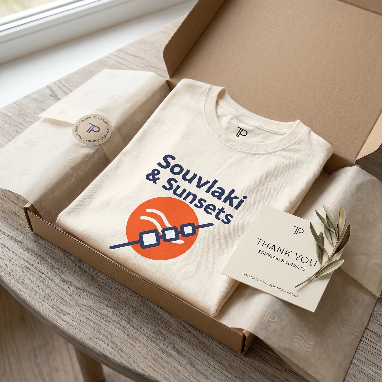 Folded t-shirt with 'Souvlaki & Sunsets' design in a cardboard box on a wooden surface.