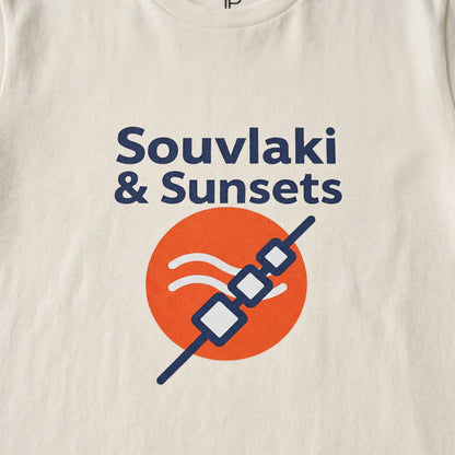 Beige t-shirt with 'Souvlaki & Sunsets' graphic design featuring a kebab and sun.