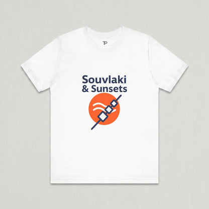 White t-shirt with 'Souvlaki & Sunsets' design on a gray background