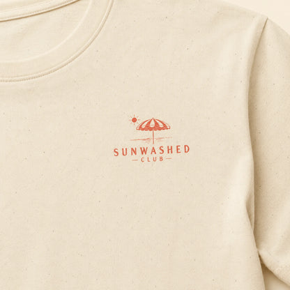 Beige sweatshirt with 'Sunwashed Club' logo on a beige background