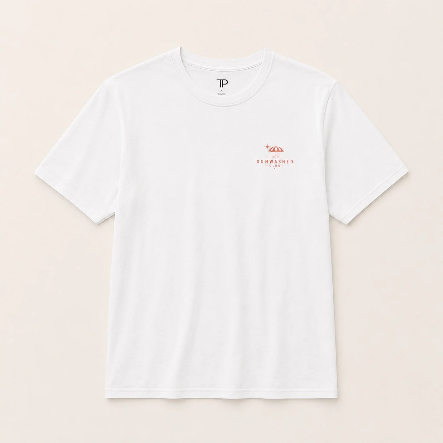 White t-shirt with a red logo on a beige background