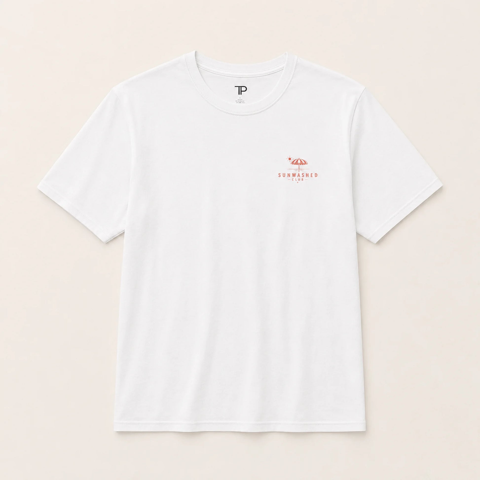 White t-shirt with a red logo on a beige background