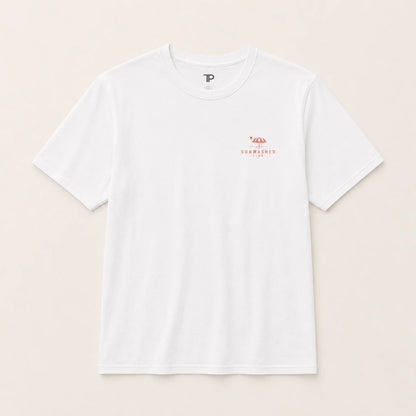 White t-shirt with a red logo on a beige background