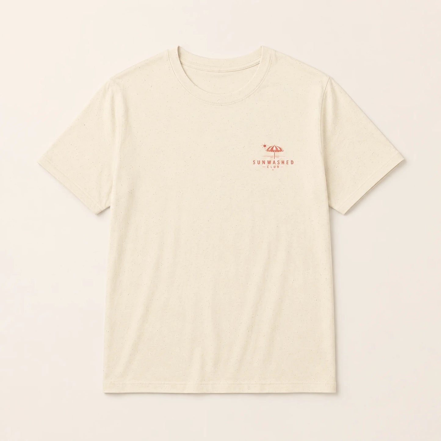 Beige t-shirt with a small red logo on a light beige background
