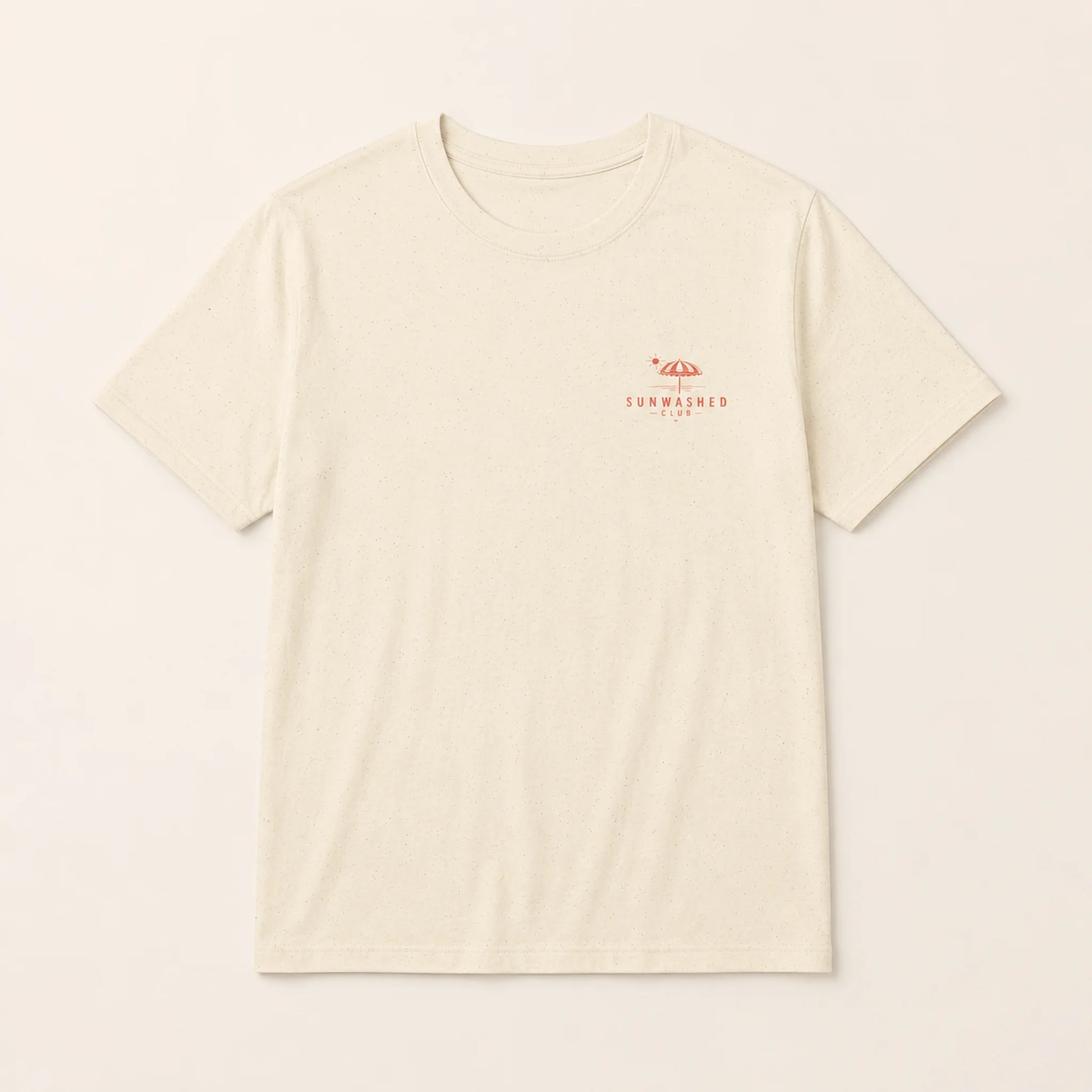 Beige t-shirt with a small red logo on a light beige background