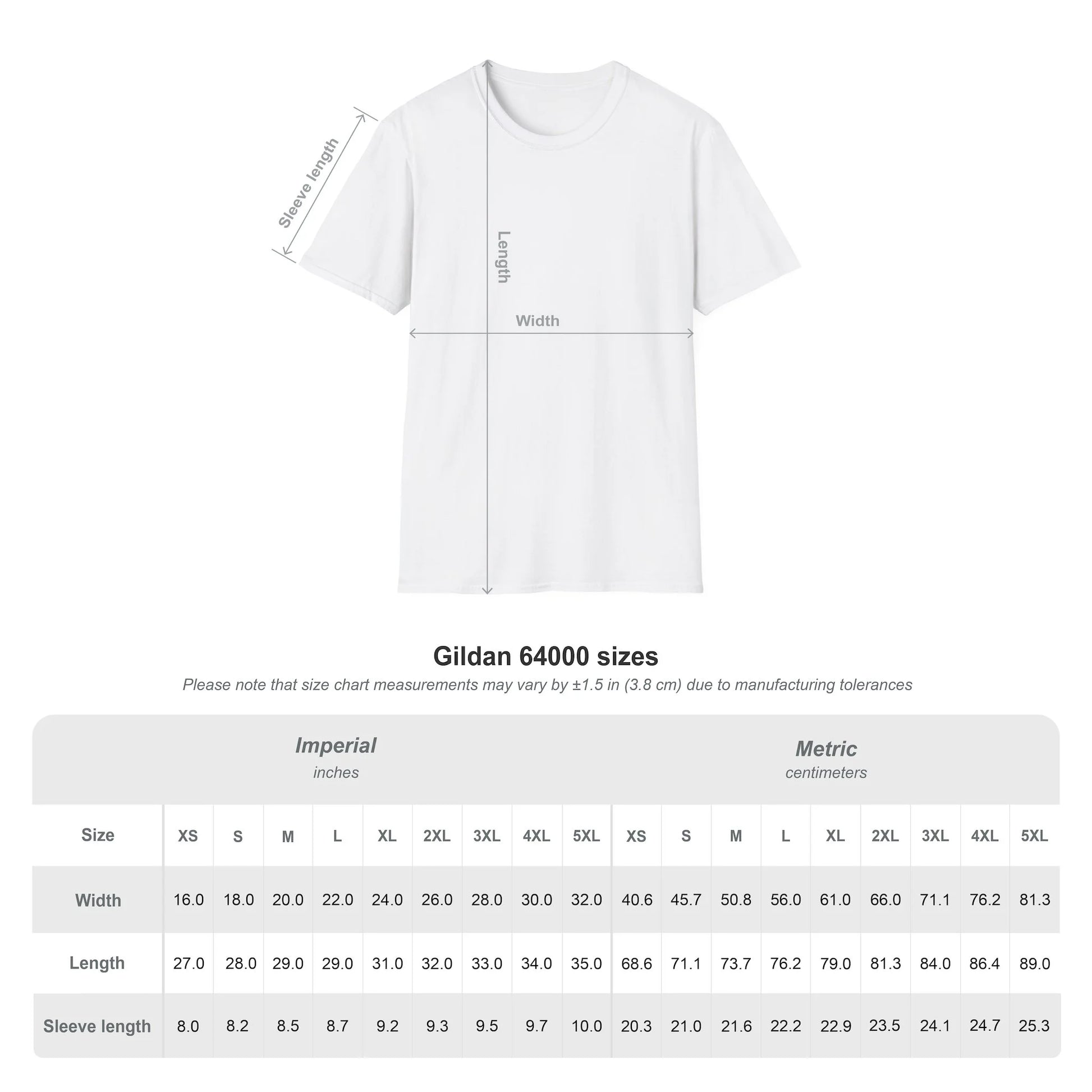 White t-shirt with size chart measurements on a white background