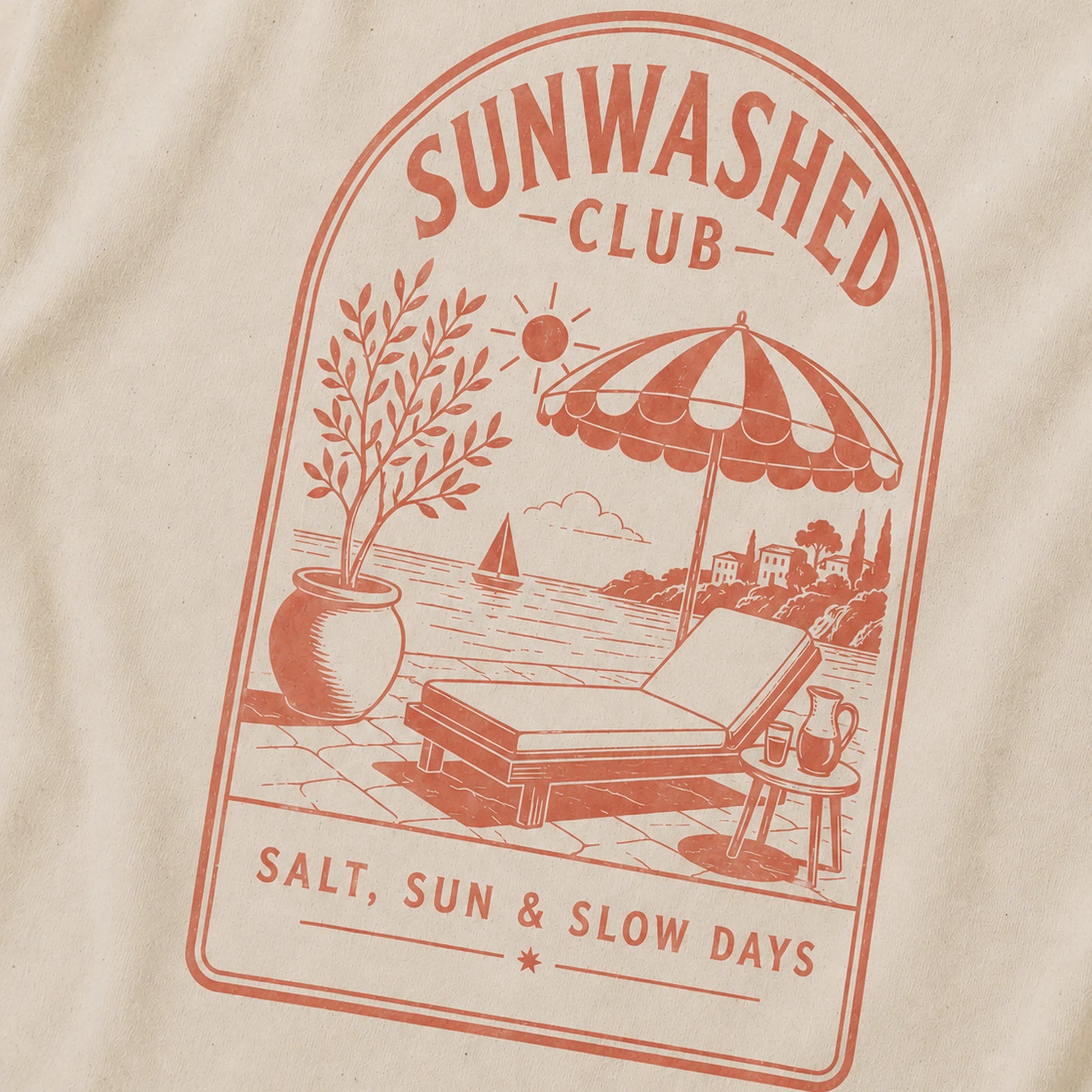 Beige t-shirt with red 'Sunwashed Club' graphic featuring a beach scene.