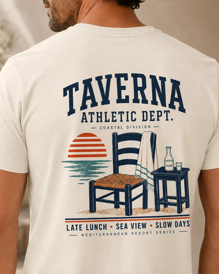 Taverna Athletic Dept. T-Shirt - Mediterranean Resort Back Print Tee, ToldPrint Mediterranean graphic t-shirt