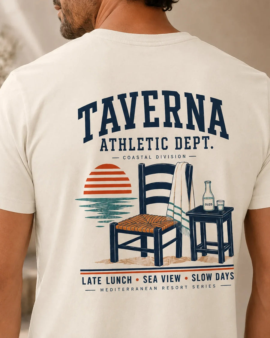 Taverna Athletic Dept. T-Shirt - Mediterranean Resort Back Print Tee, ToldPrint Mediterranean graphic t-shirt