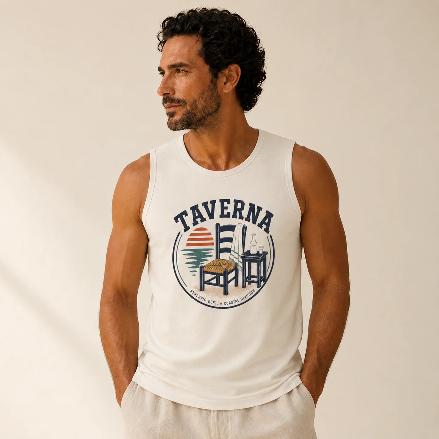 Man wearing a white tank top with 'Taverna' graphic design on a beige background