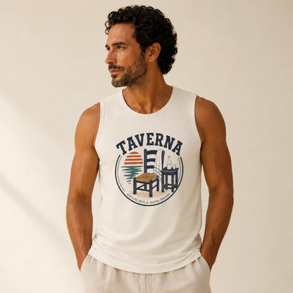 Man wearing a white tank top with 'Taverna' graphic design on a beige background