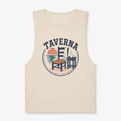 Beige tank top with 'Taverna' graphic design on a white background