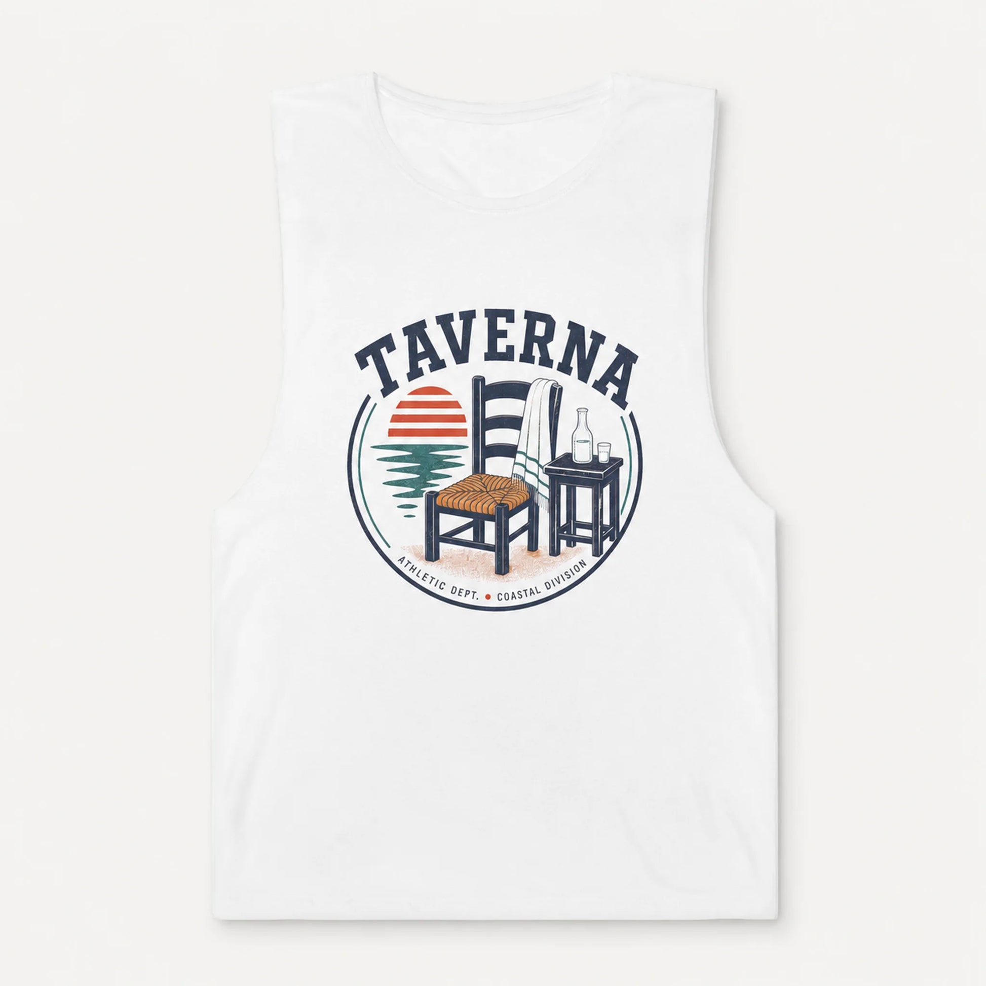 White tank top with 'Taverna' graphic design featuring a chair and table.