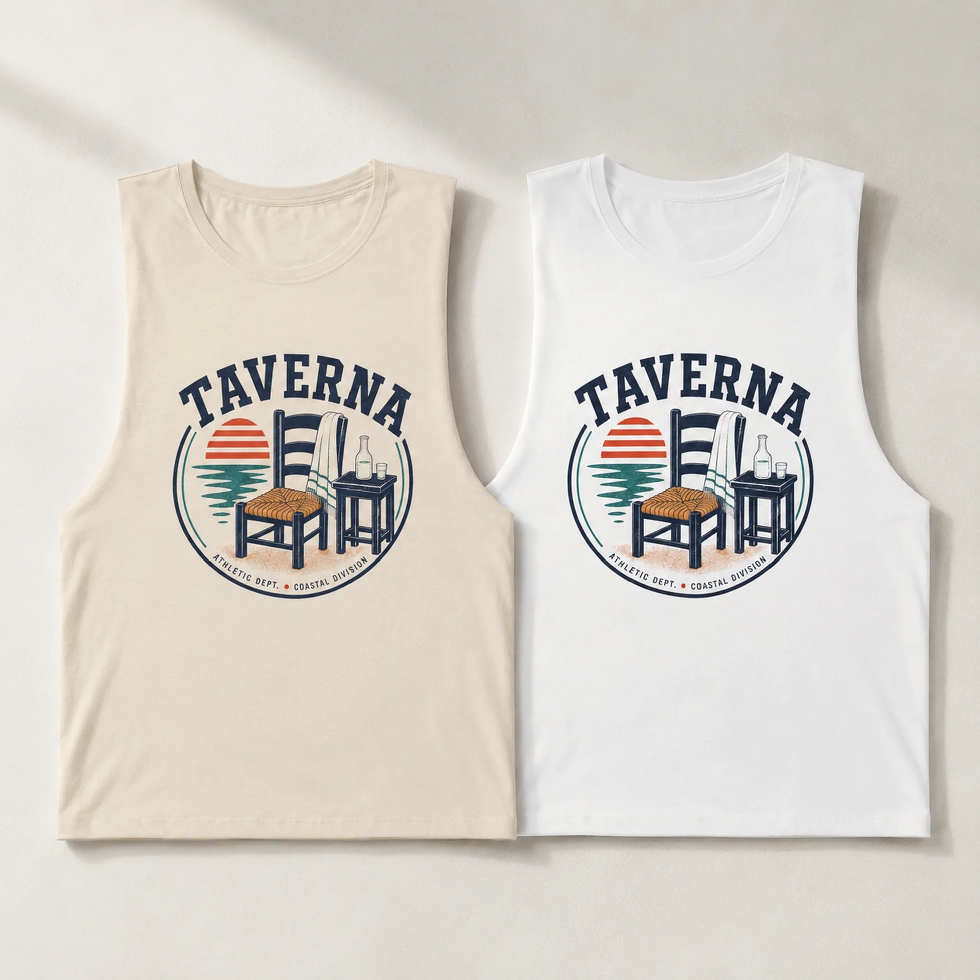 Two tank tops with 'Taverna' logo on a light background