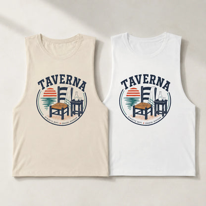 Two tank tops with 'Taverna' logo on a light background