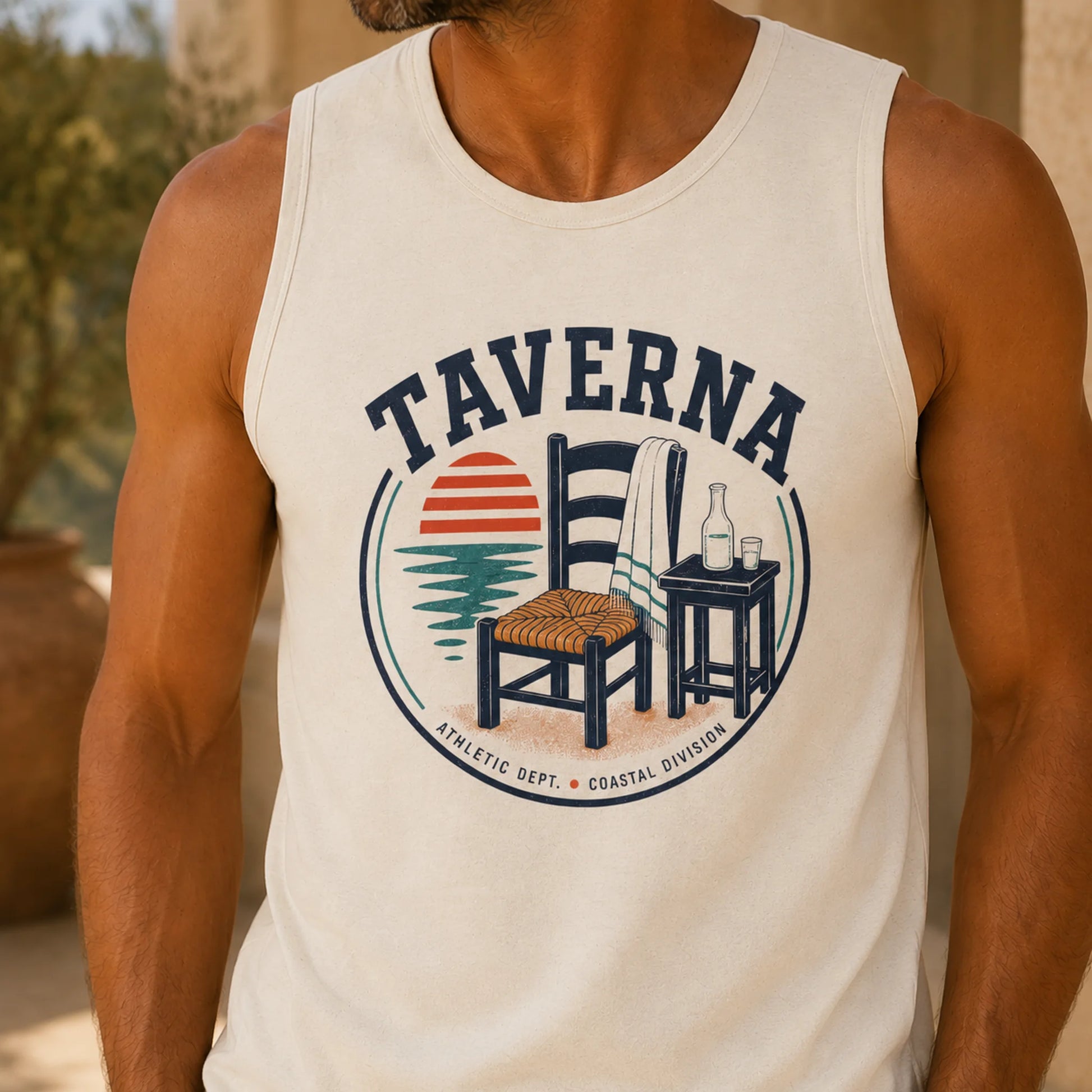 TP HERO: Beige tank top with 'Taverna' graphic design featuring a chair, table, and sunset.