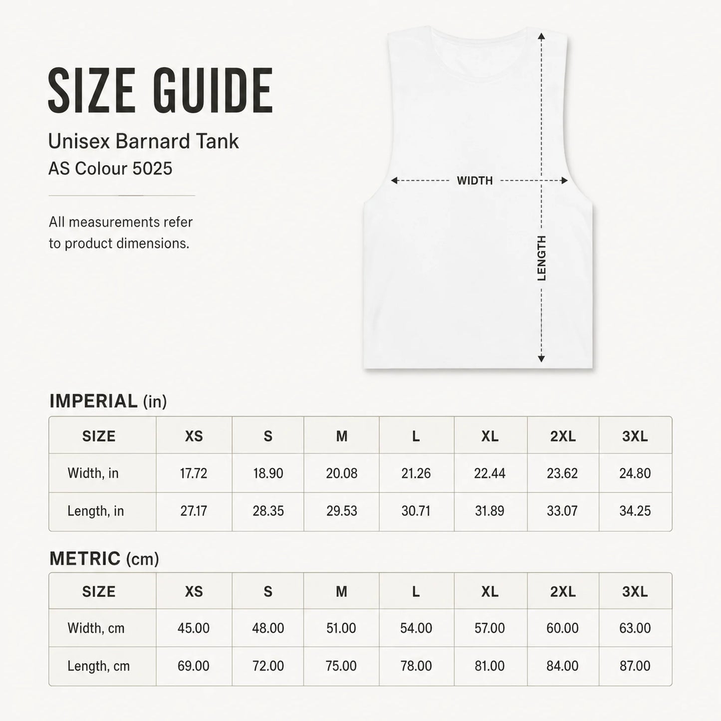Size guide for Unisex Barnard Tank with measurements in inches and centimeters.