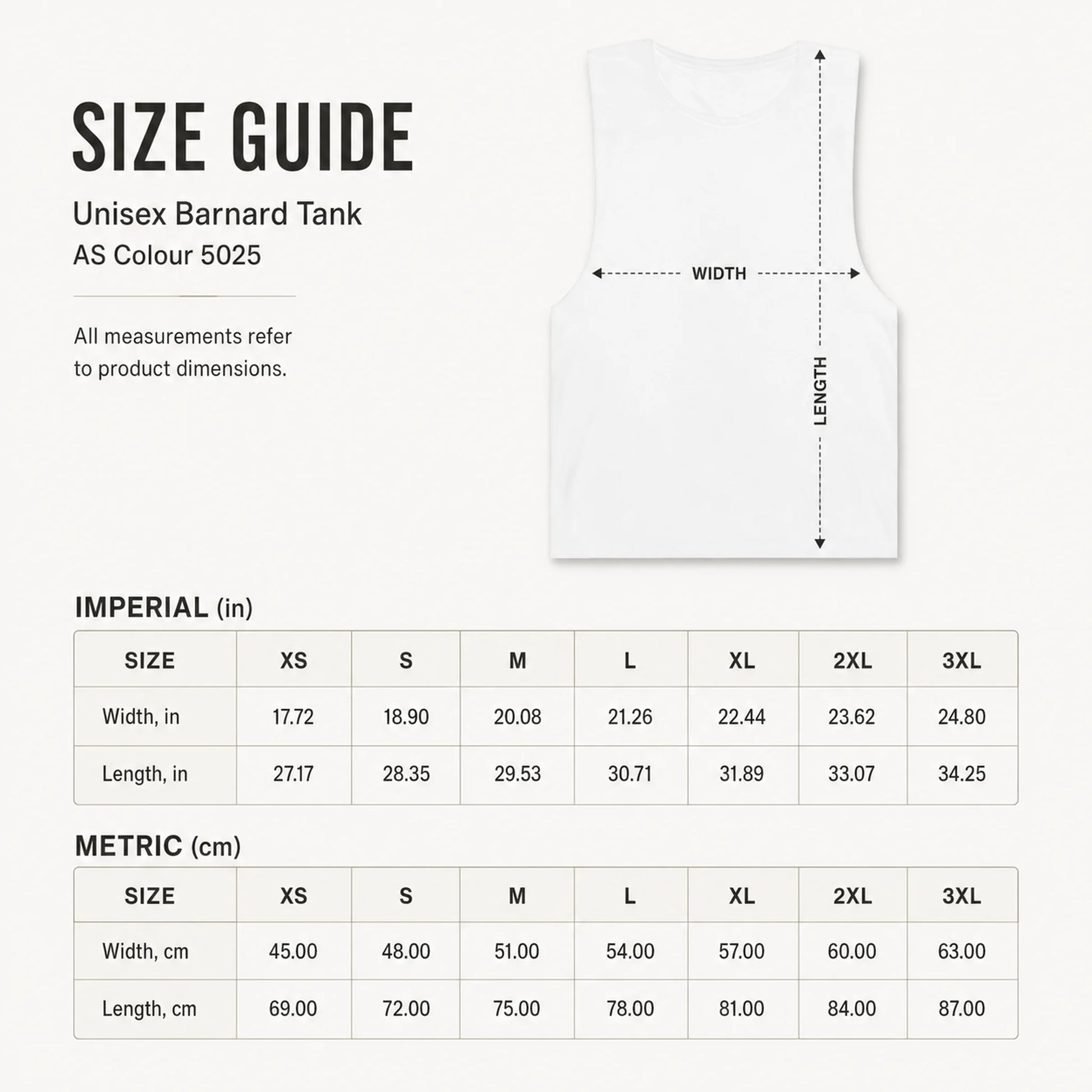 Size guide for Unisex Barnard Tank with measurements in inches and centimeters.