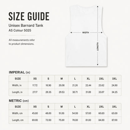 Size guide for Unisex Barnard Tank with measurements in inches and centimeters.