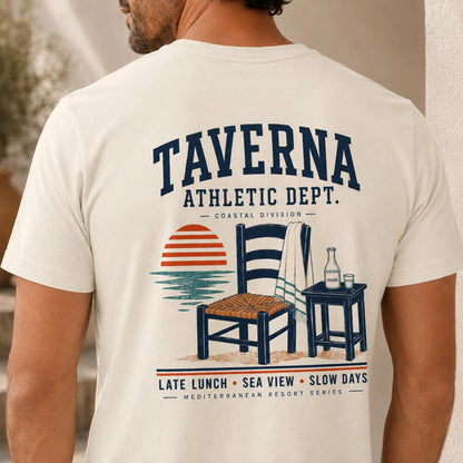 TP HERO: Person wearing a t-shirt with 'Taverna Athletic Dept.' design on the back