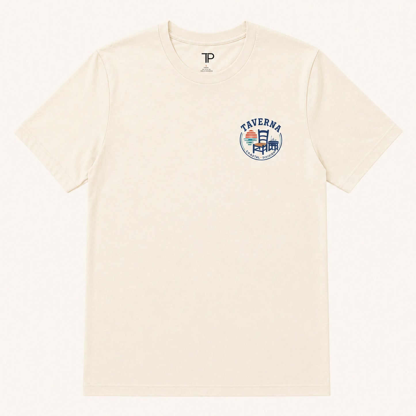 Beige t-shirt with a logo on the chest against a white background
