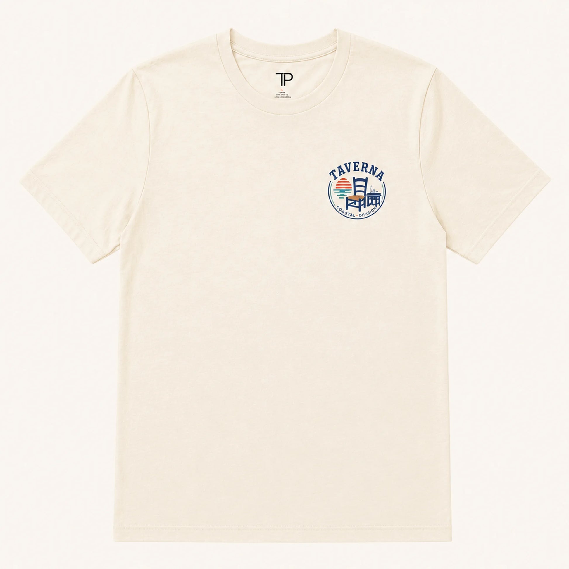 Beige t-shirt with a logo on the chest against a white background