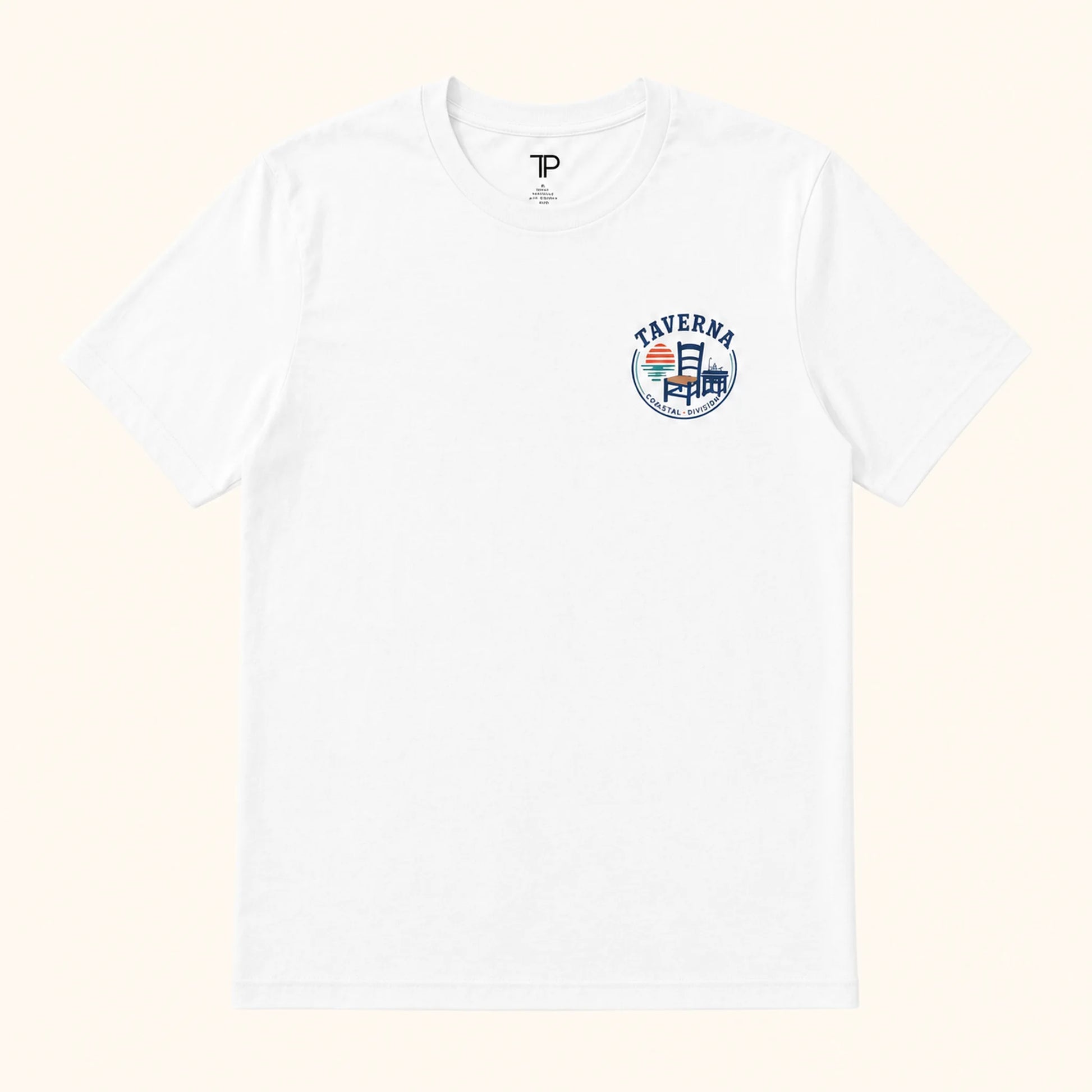 White t-shirt with a colorful logo on a light yellow background