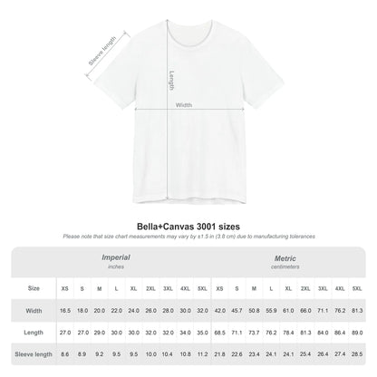 White t-shirt with measurement chart for Bella+Canvas 3001 sizes on a white background