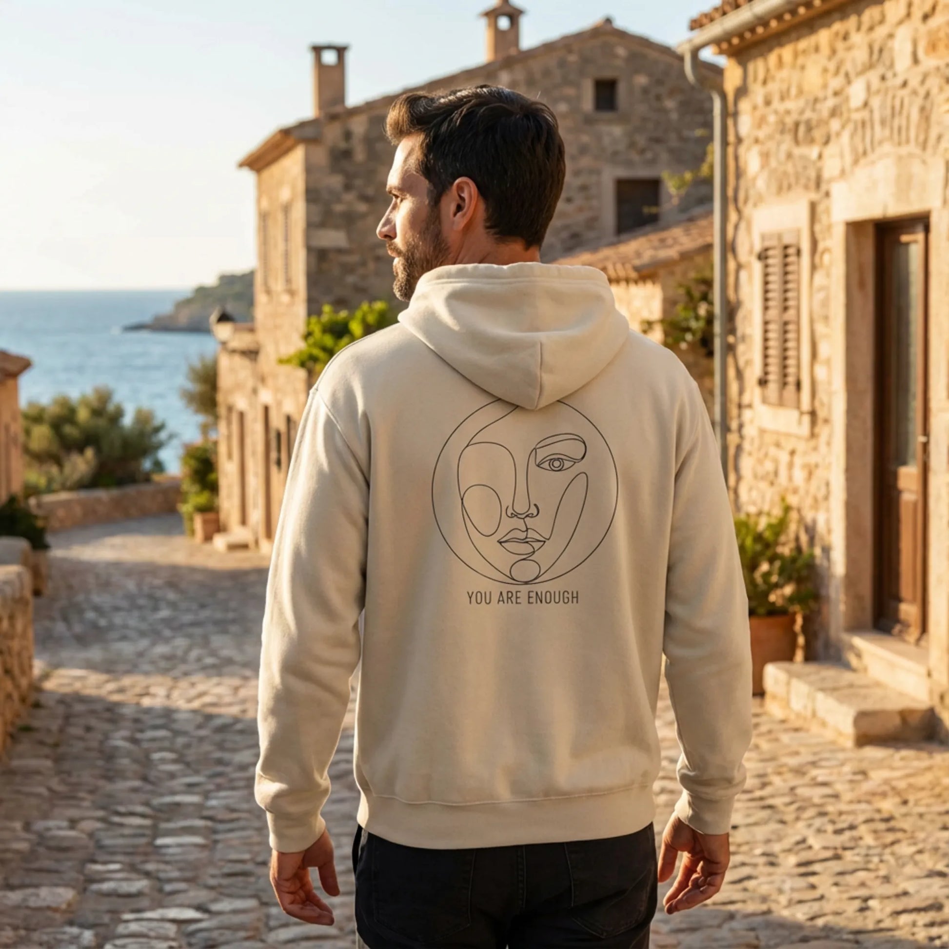 Model wearing sand Abstract Muse Face You Are Enough hoodie with back print visible in Mediterranean street scene