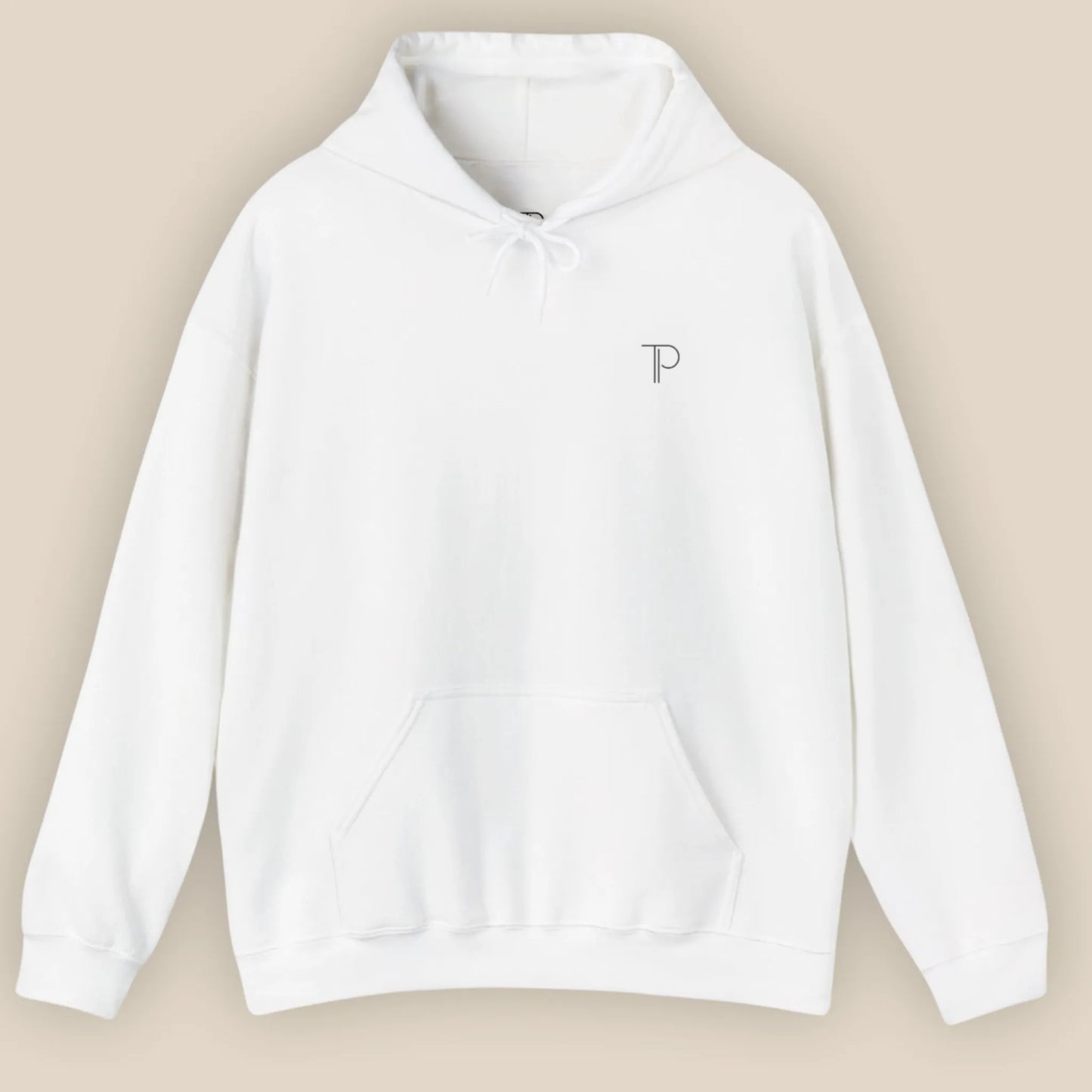 Flat lay of white Abstract Muse Face hoodie showing chest design