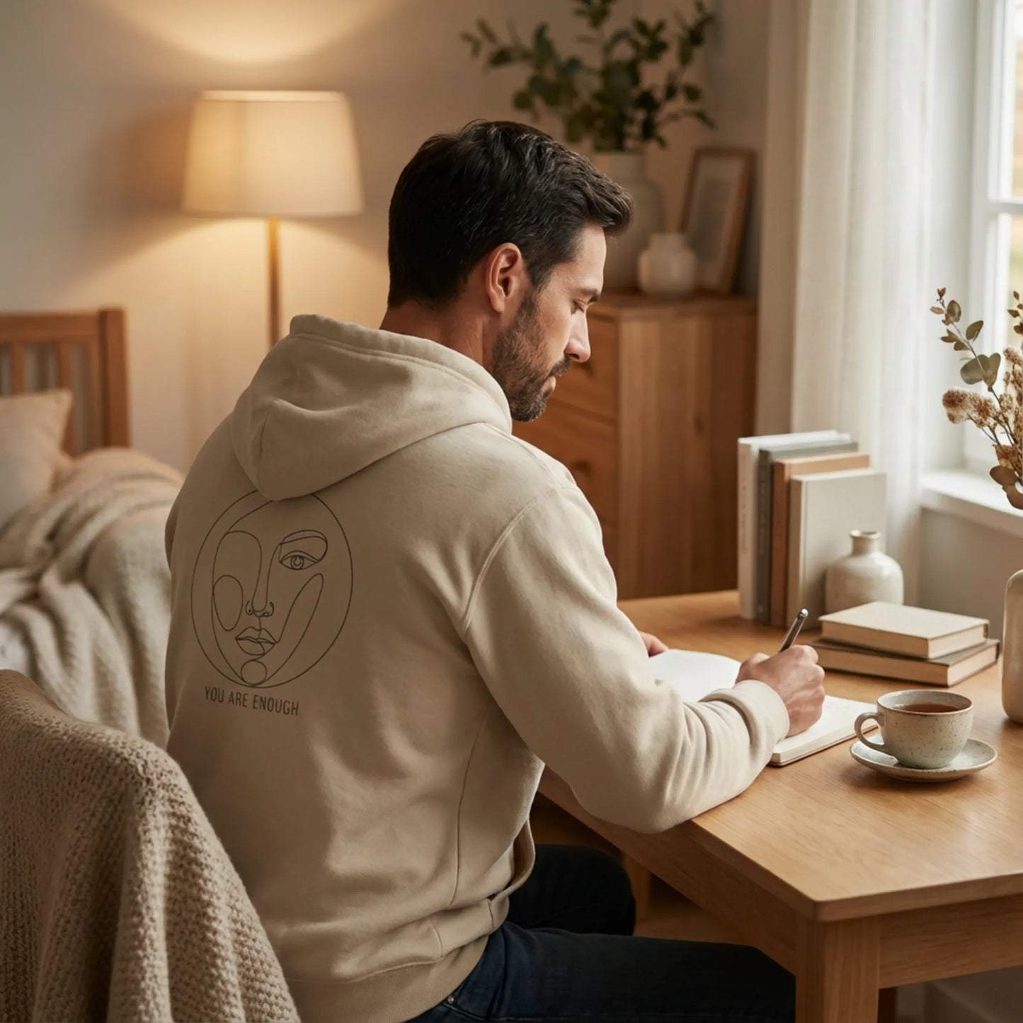 Abstract Muse Face You Are Enough hoodie in sand shown from the back in a calm indoor self-care setting