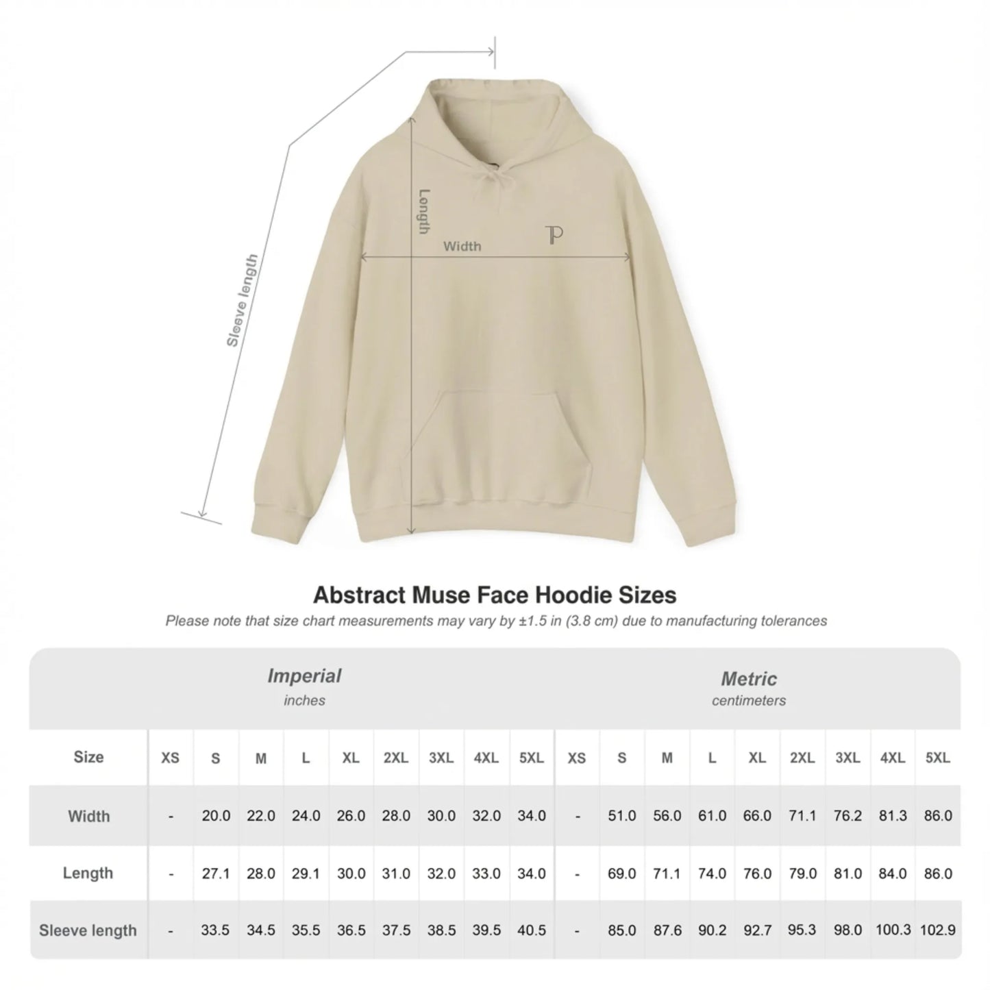 Size chart of Abstract Muse Face and You Are Enough DTG back print  hoodie