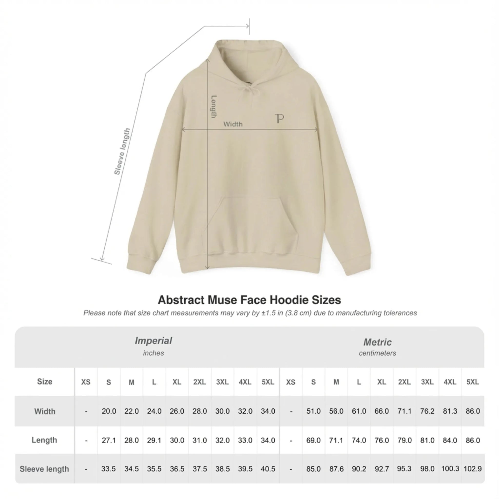 Size chart of Abstract Muse Face and You Are Enough DTG back print  hoodie
