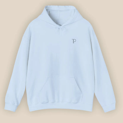 Flat lay of  light blue Abstract Muse Face hoodie showing chest design