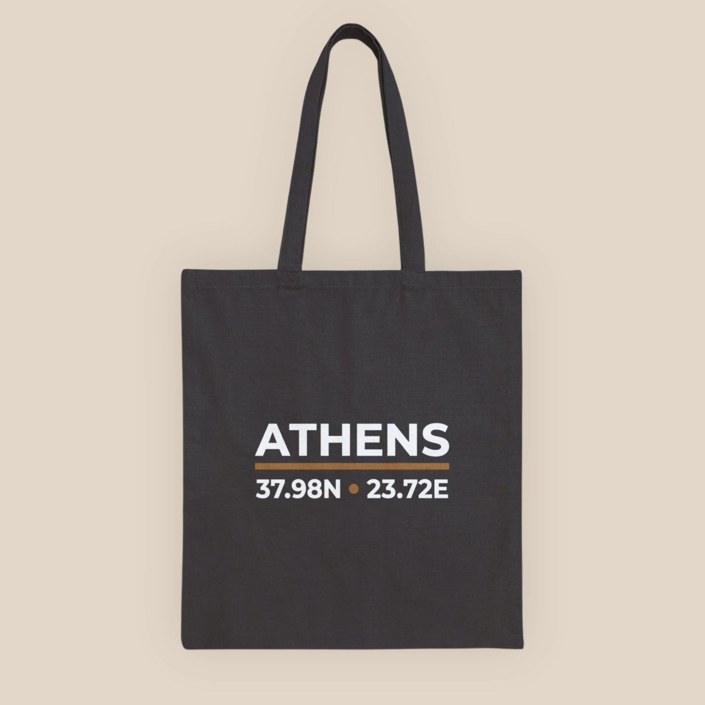 Black cotton canvas tote bag with Athens coordinates print, front view.