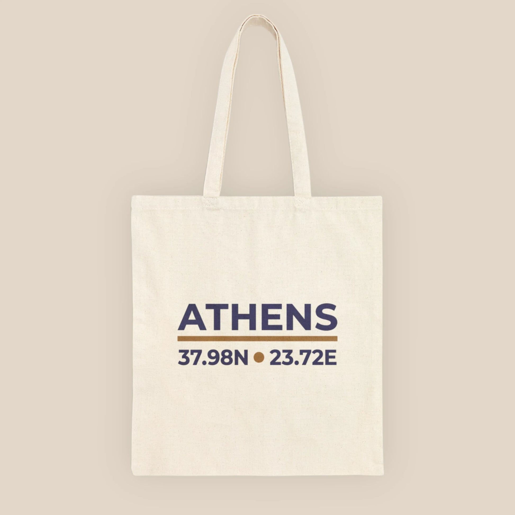 Natural cotton canvas tote bag with Athens coordinates print, front view.