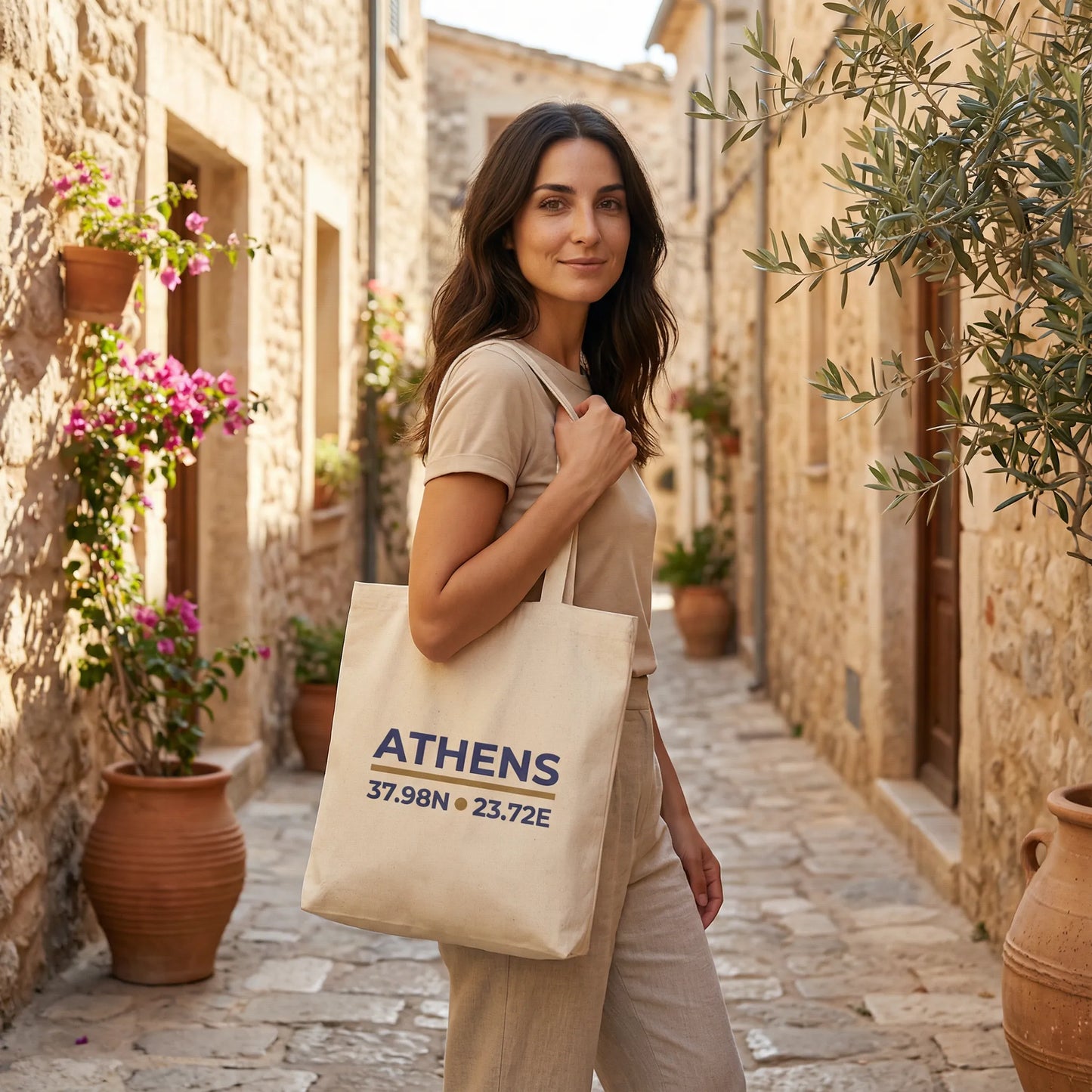 Natural Athens coordinates tote bag worn outdoors in a Mediterranean setting.
