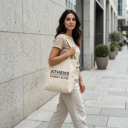 Natural Athens coordinates tote bag in an urban street-style lifestyle photo.