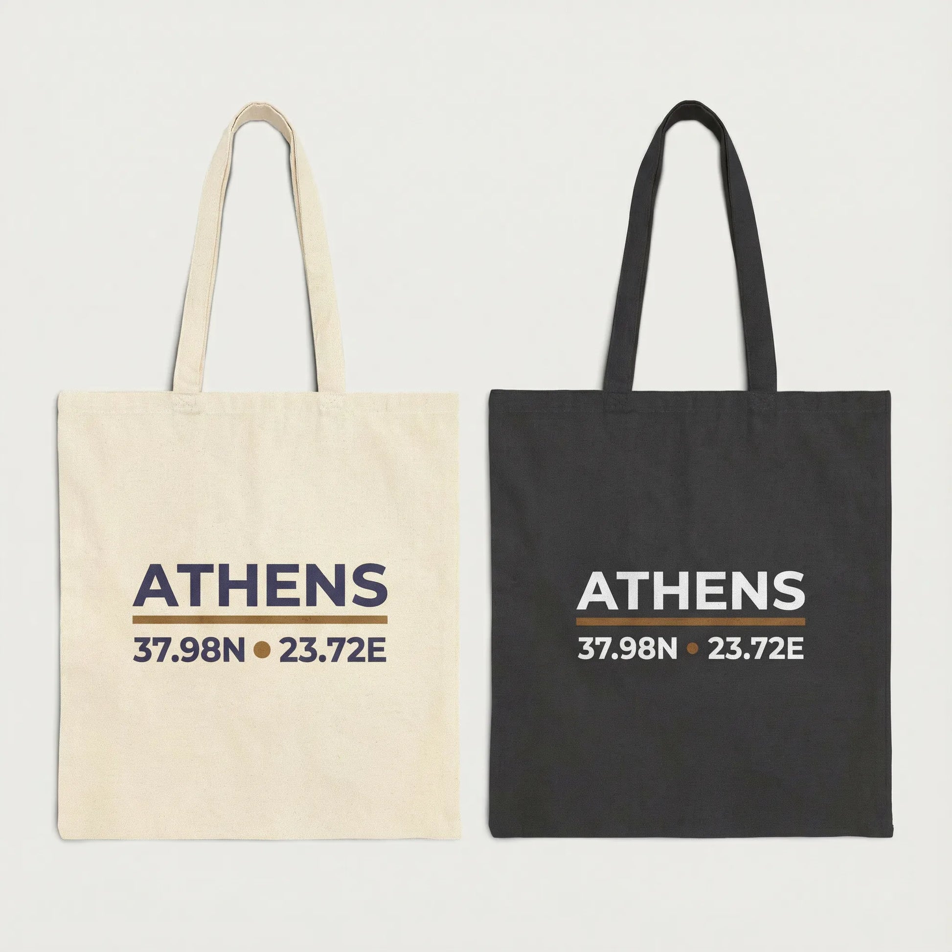 Athens coordinates tote bag color options shown together: natural and black.