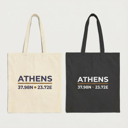 Athens coordinates tote bag color options shown together: natural and black.