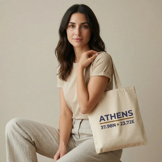 TP:HERO Model holding natural cotton canvas tote with Athens coordinates print, front view.