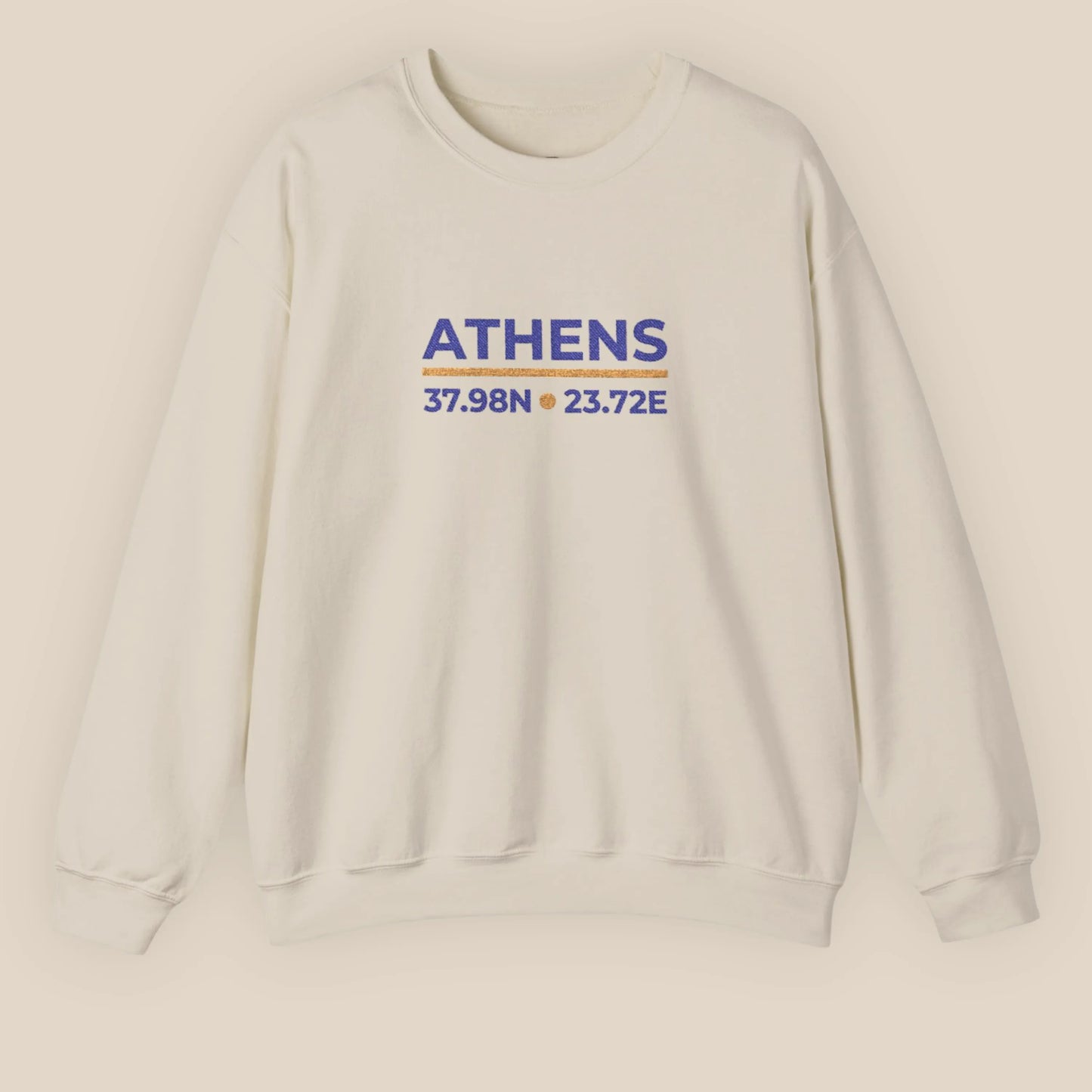 Sand Athens coordinates embroidered crewneck sweatshirt flat lay on neutral background