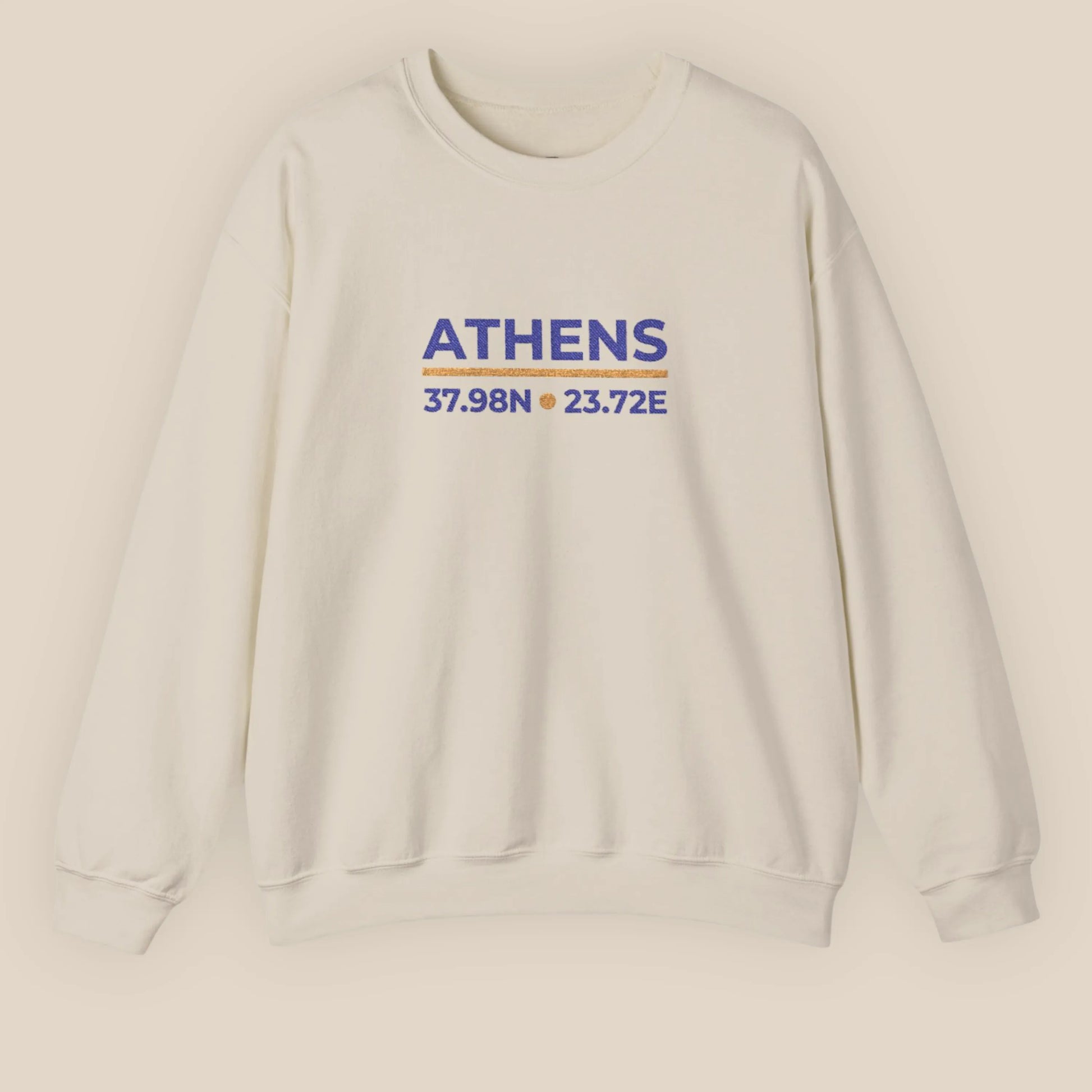 Sand Athens coordinates embroidered crewneck sweatshirt flat lay on neutral background