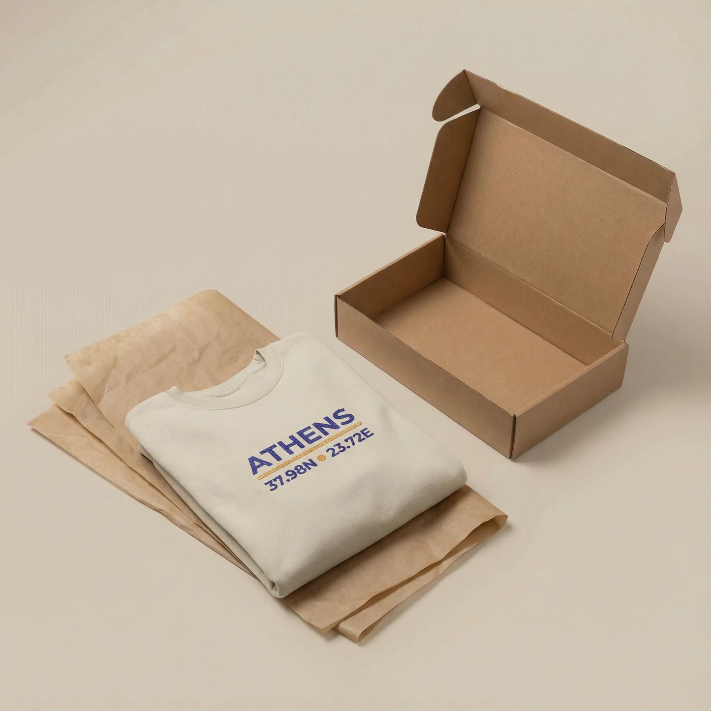 Athens coordinates embroidered sweatshirt packaging with branded box