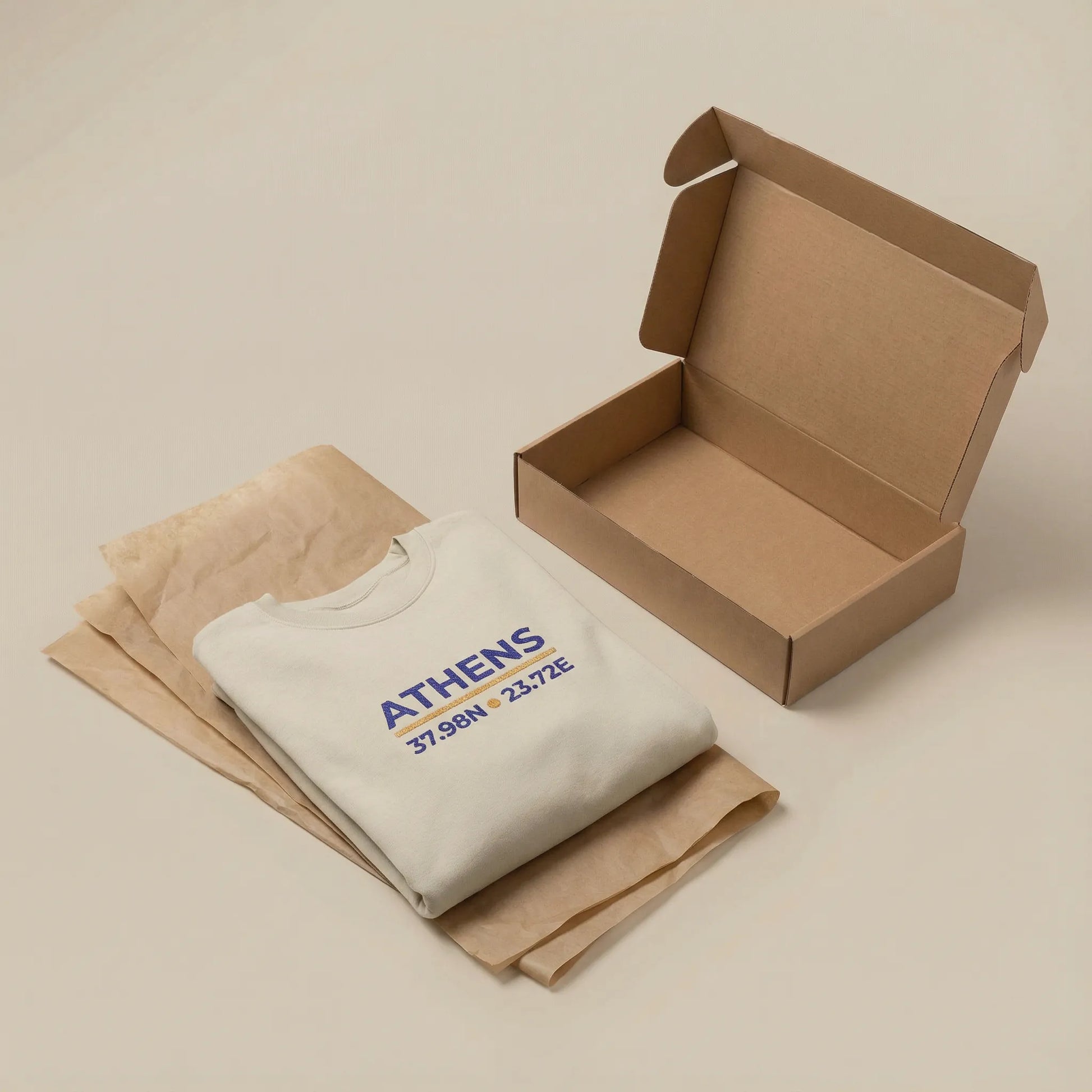 Athens coordinates embroidered sweatshirt packaging with branded box